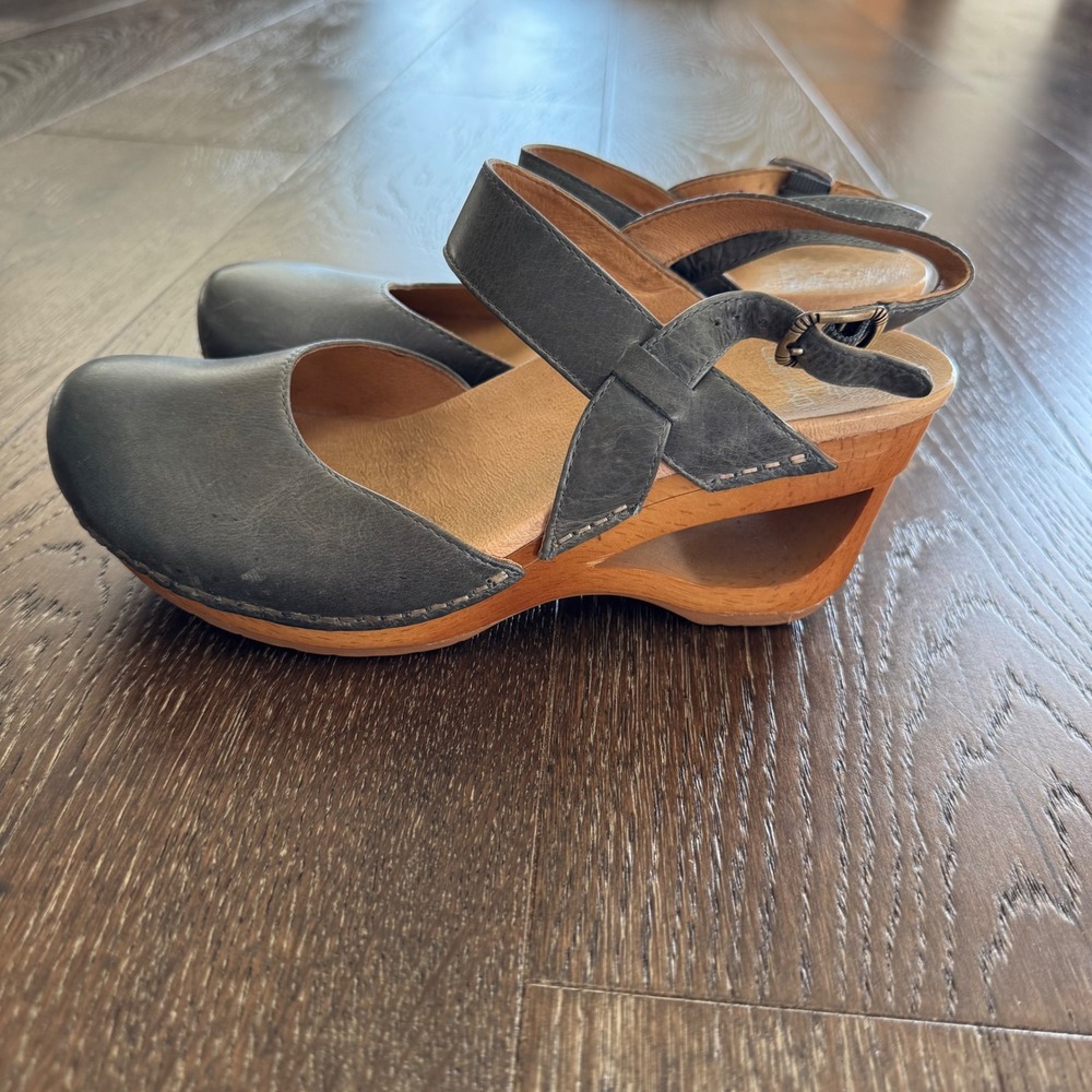 Dansko Allina Grey Leather Cutout Wood Wedge Mary Jane Clog Sandals 36